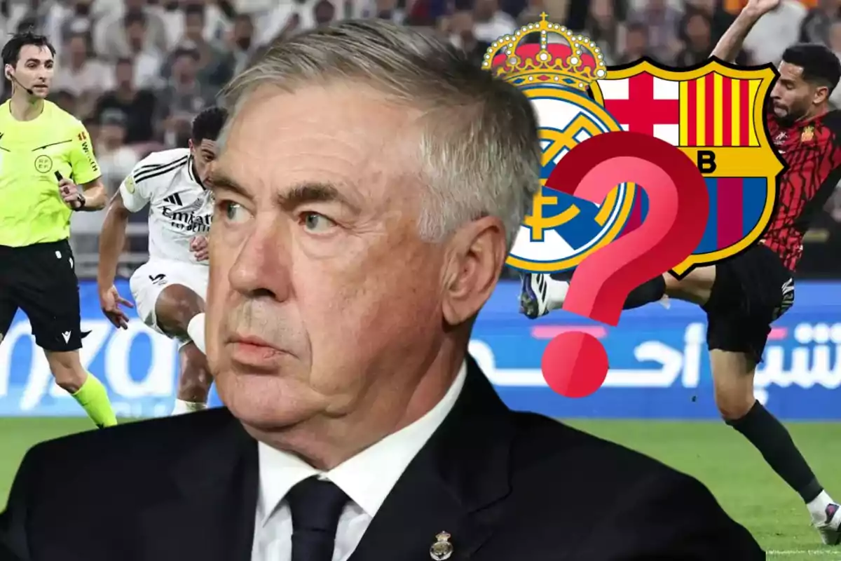 Un entrenador de fútbol con expresión seria en primer plano mientras se desarrolla un partido de fondo con los escudos del Real Madrid y Barcelona y un signo de interrogación.