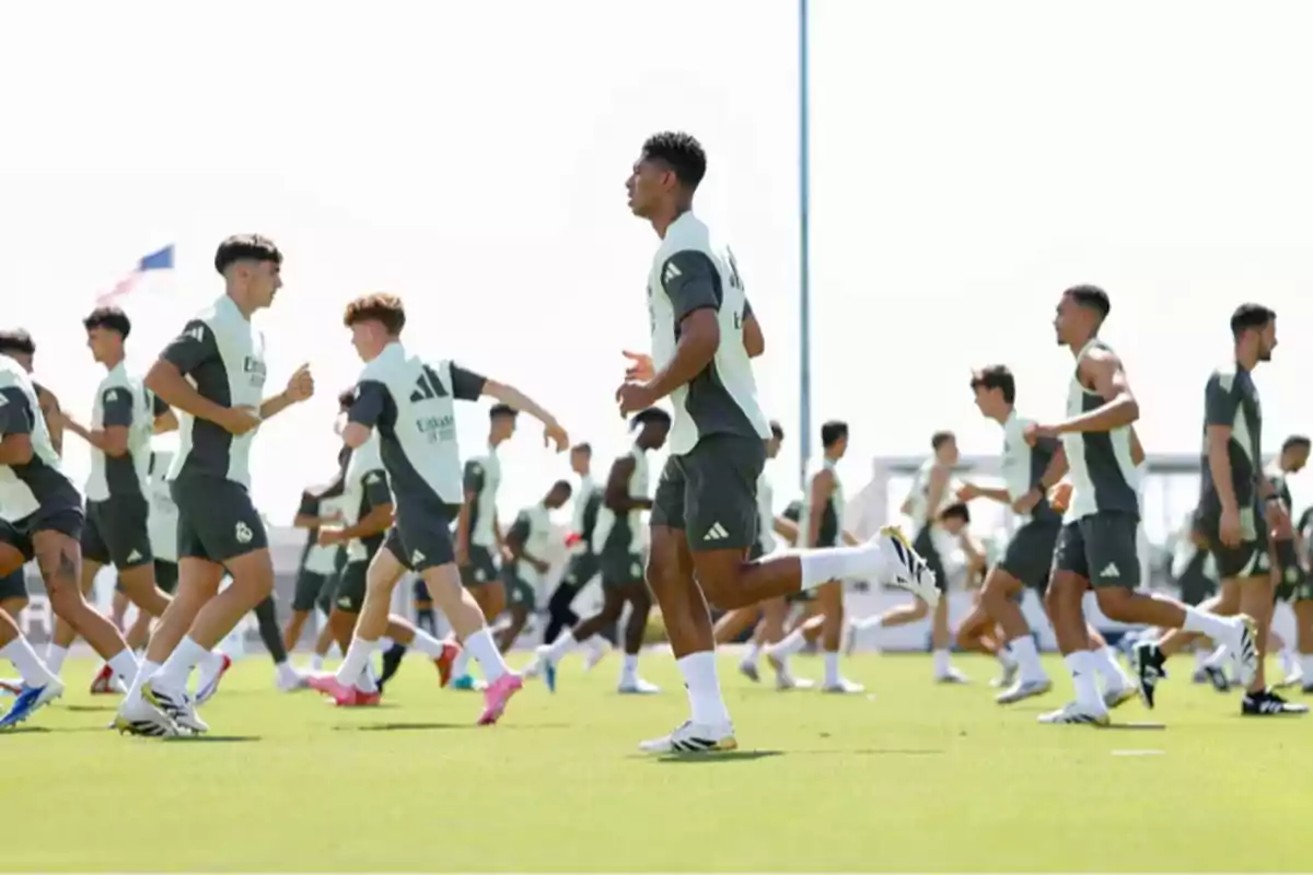 Soccer players training on a grass field under the sun