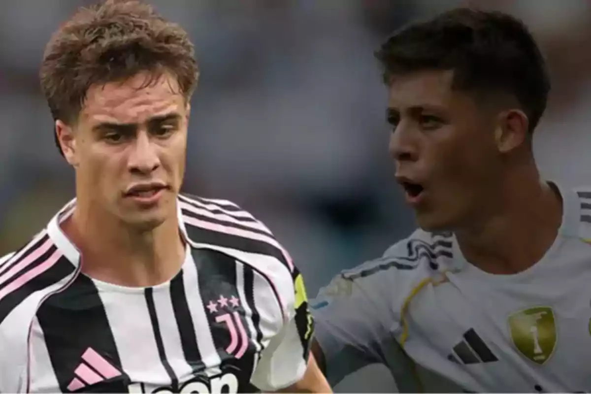 Two young players in their team uniforms, one wearing a Juventus jersey and the other wearing a white jersey, in a stadium setting.