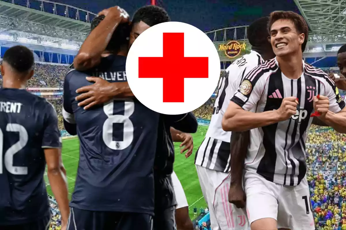 Jugadores de fútbol de dos equipos celebrando en un estadio con un símbolo de cruz roja en el centro de la imagen