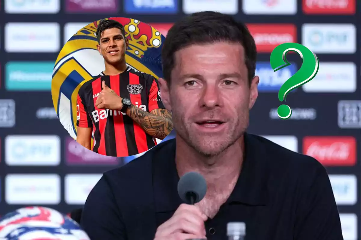 Football coach at a press conference with an image of a Bayer Leverkusen player and a Real Madrid crest next to a question mark
