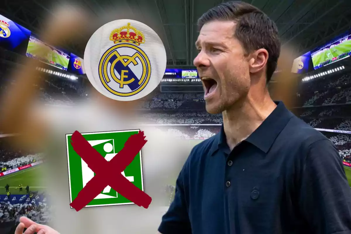 Soccer coach shouting in a stadium with the Real Madrid crest and a crossed-out emergency exit sign