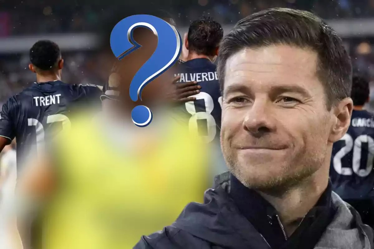 Smiling coach in the foreground with players in the background and a blurred figure with a blue question mark superimposed.