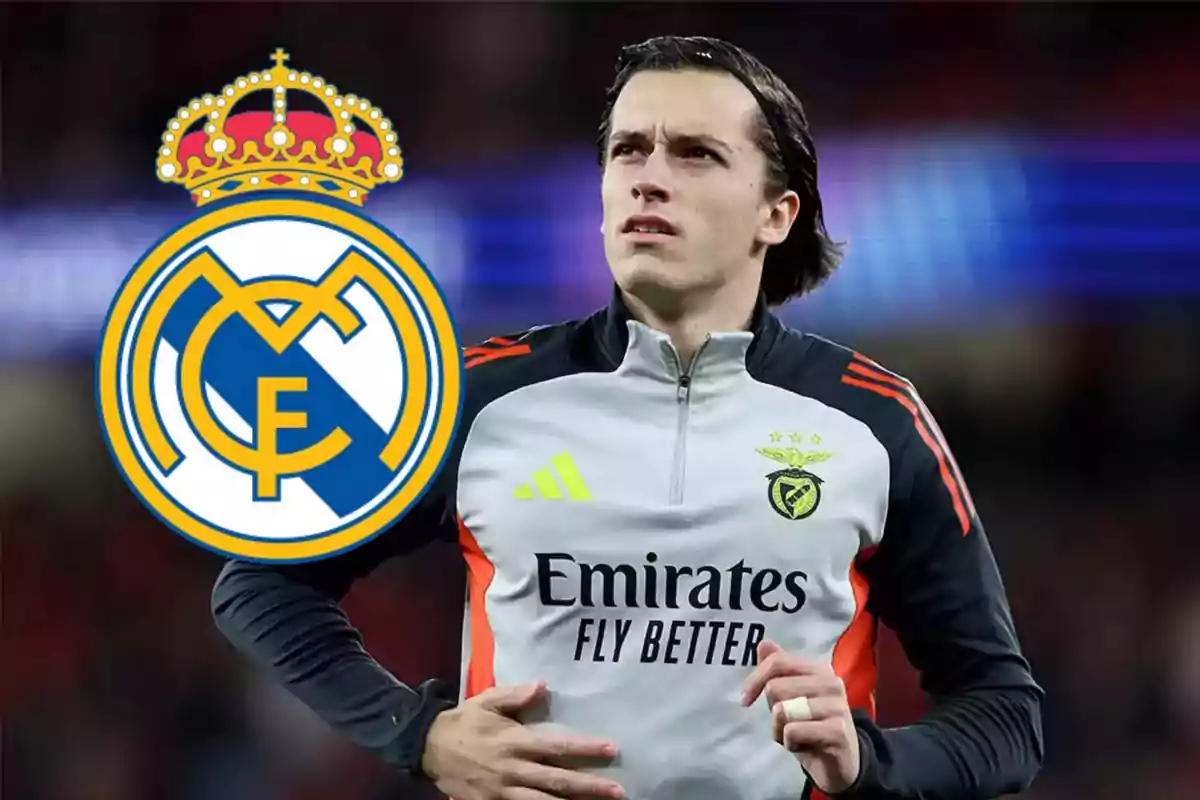 Soccer player wearing a Benfica uniform with the Real Madrid crest next to him