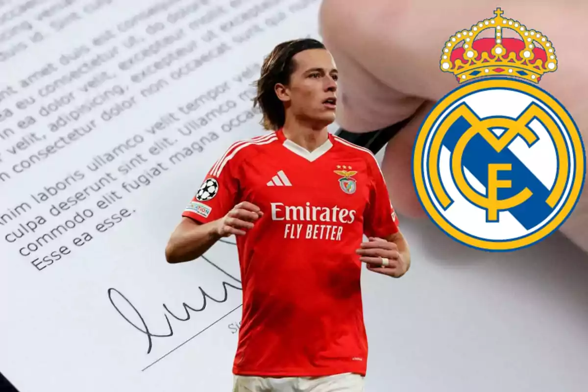 Futbolista del Benfica con fondo de contrato firmado y el escudo del Real Madrid