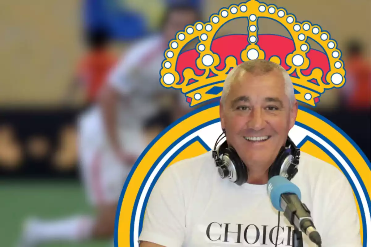 Smiling man with headphones and microphone in front of the Real Madrid crest