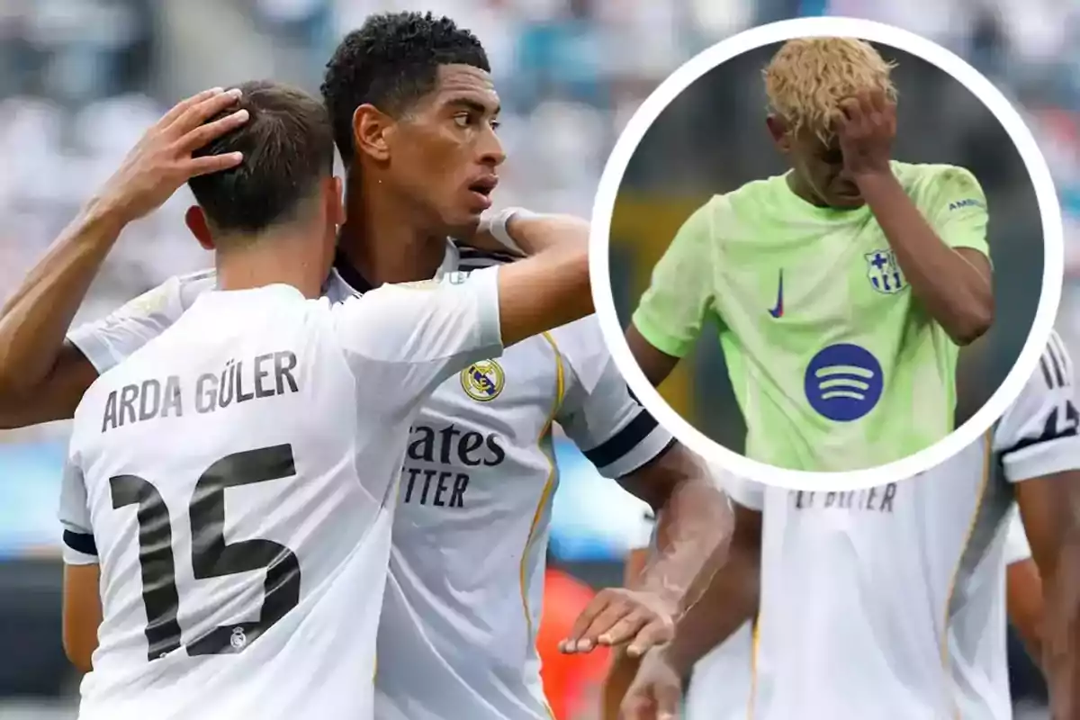 Jugadores del Real Madrid celebran mientras un futbolista del Barcelona muestra frustración en el recuadro.