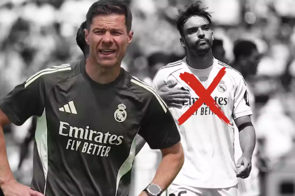 Real Madrid coach in the foreground and a team player crossed out with a red X in the background