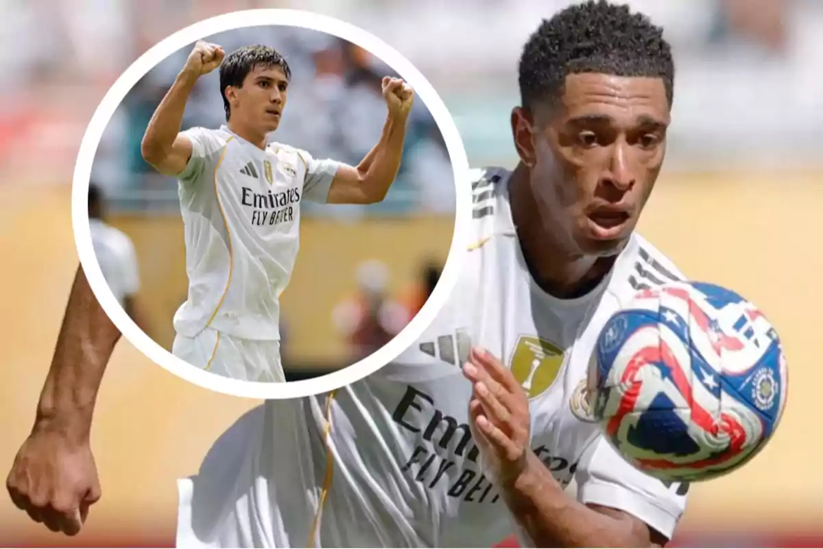 Dos futbolistas del Real Madrid con uniforme blanco durante un partido uno celebrando con los brazos en alto y otro concentrado mientras controla un balón con diseño de estrellas y rayas