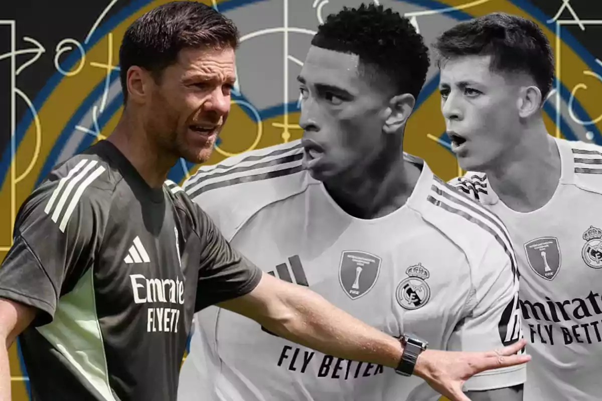 Entrenador y dos futbolistas del Real Madrid con fondo de pizarrón táctico y escudo del club