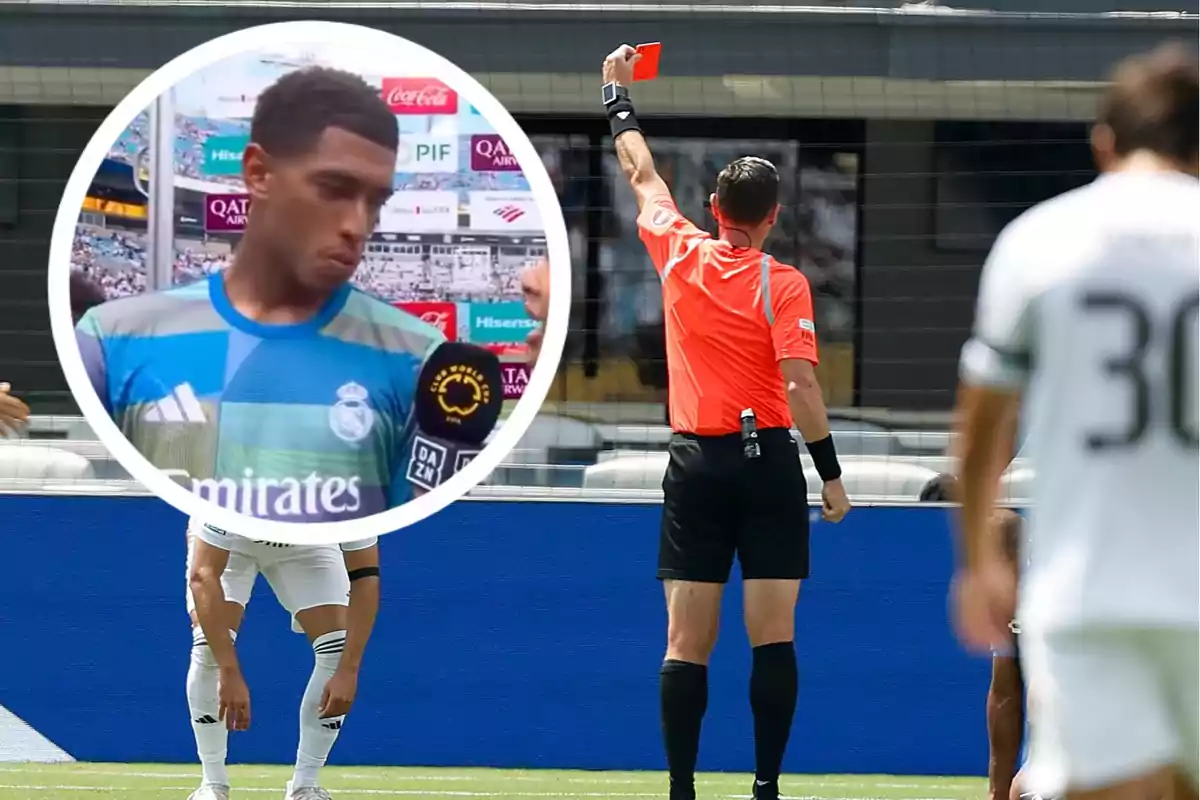 A referee shows a red card in a soccer match while, in a circle, a Real Madrid player is seen being interviewed with a serious expression.