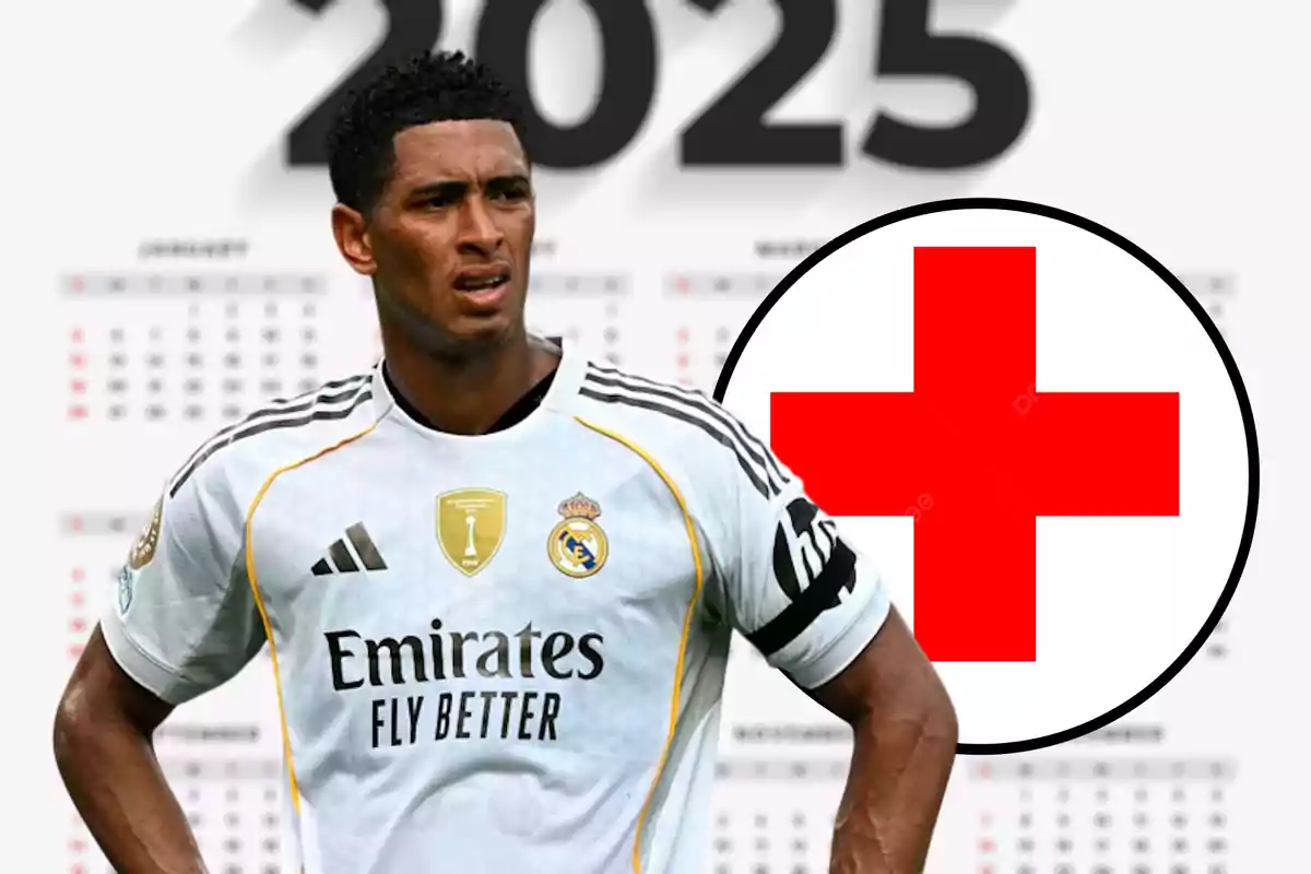 Real Madrid player with a serious expression in front of a 2025 calendar and a red cross symbol indicating a possible injury or absence