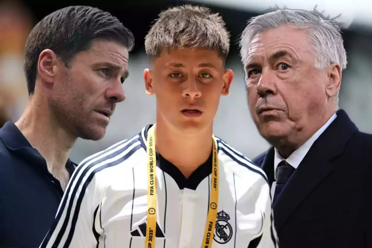 Three men appear in the image; the one in the center is wearing a Real Madrid jersey and a yellow badge, while the other two are on either side with serious expressions.