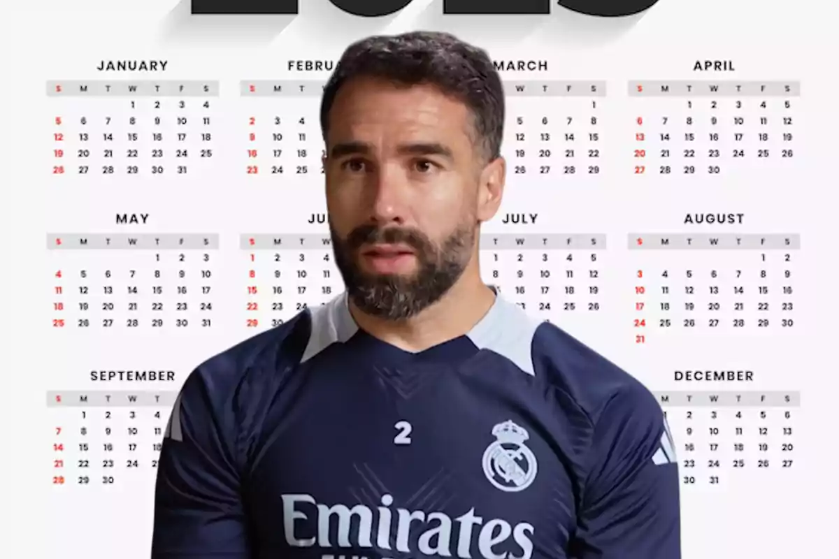 A man with a beard and a Real Madrid jersey appears in front of an annual calendar.