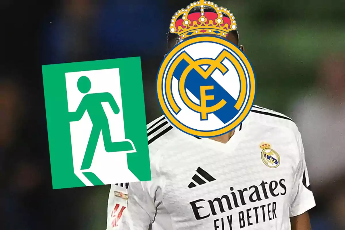 Jugador del Real Madrid con el escudo del club en la cara y un símbolo de salida de emergencia al lado