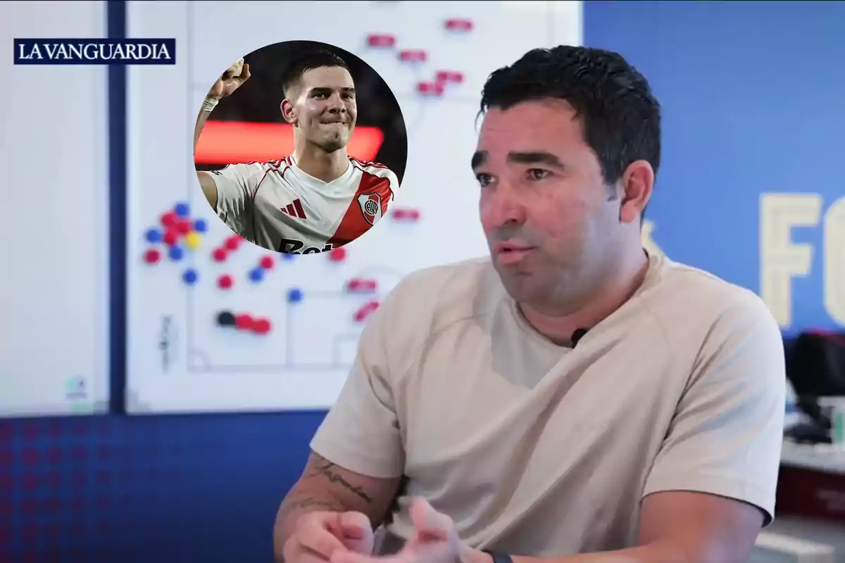 A man sitting in front of a soccer tactics board while, in the upper left corner, an image appears of a player celebrating in a River Plate uniform.