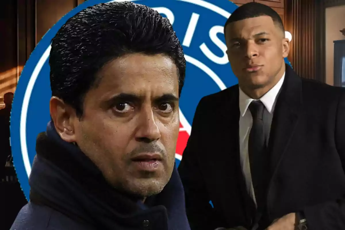 Dos hombres con expresión seria frente al logo del PSG