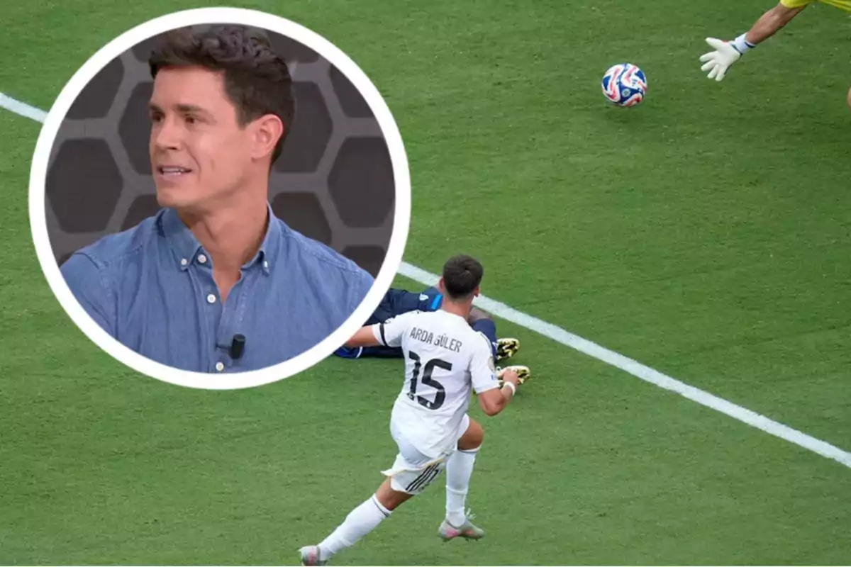 A man in a denim jersey appears in a box over an image of a soccer match where a player with the name Arda Güler on his jersey approaches the goal while the goalkeeper tries to stop the ball.