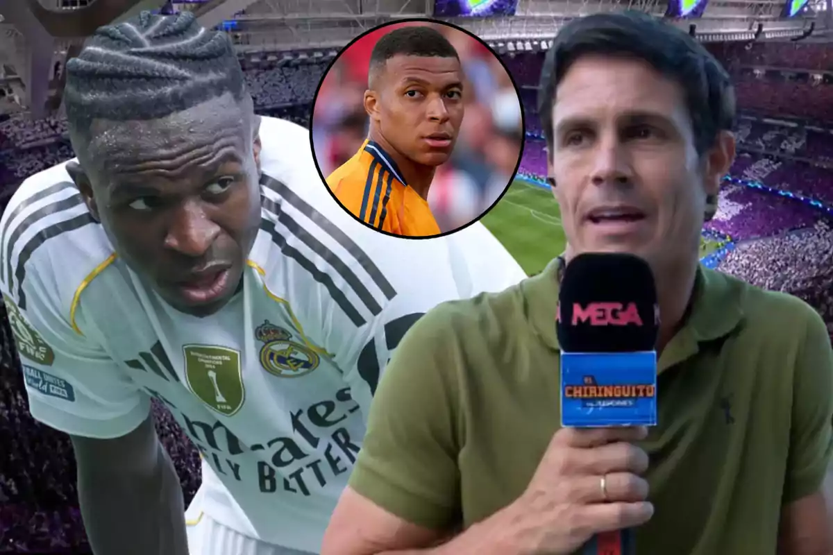 A Real Madrid player in the foreground, a journalist with a microphone from a sports show, and the image of another player inside a circle over a stadium full of fans