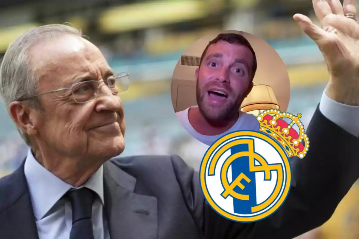 Hombre mayor con gafas y traje saludando, sobrepuesto un círculo con el rostro de un hombre joven y el escudo del Real Madrid