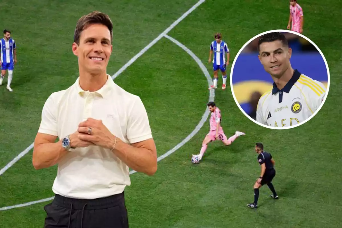 Un hombre sonriente con camisa clara aparece en primer plano sobre un campo de fútbol donde se juega un partido, mientras en la esquina superior derecha hay un recuadro con el rostro de un futbolista con uniforme blanco y amarillo.