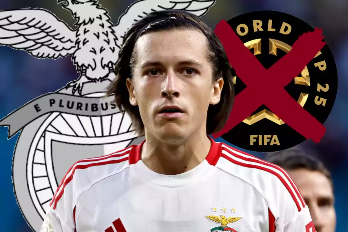 Soccer player in a Benfica uniform in front of the club’s crest and a FIFA logo crossed out with a red X