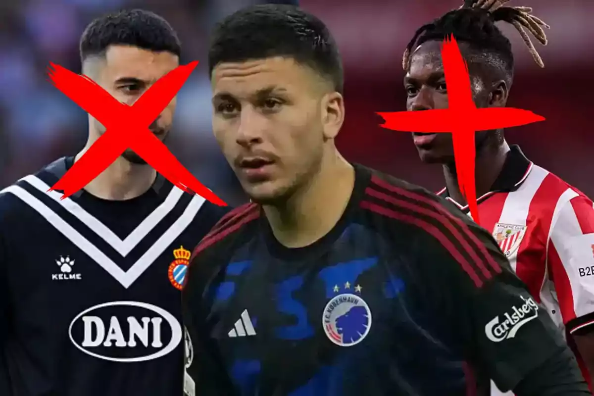 Three players appear in the image: two of them in the background with a large red X over their faces, and one in the front without any marks, all wearing uniforms from different teams.