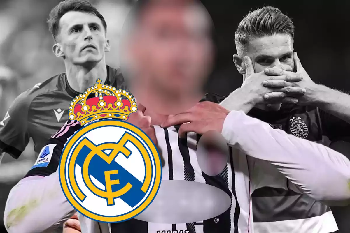 Three players in black and white with the Real Madrid crest in the center and the face of the middle player blurred.