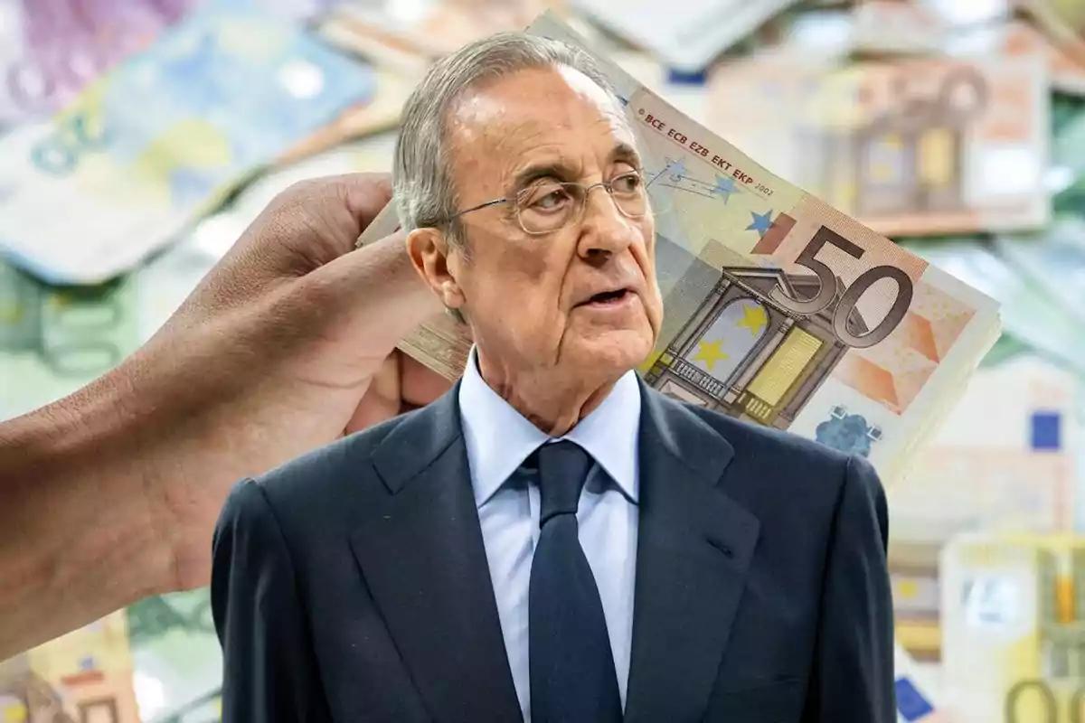 Man in a suit and tie in front of a background of euro bills and a hand holding money