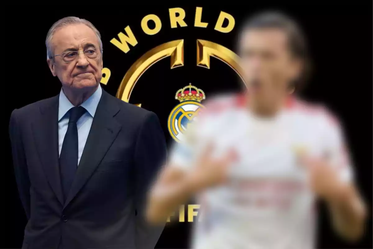 Hombre de traje junto a una figura desenfocada con fondo del escudo del Real Madrid y el logo de la FIFA