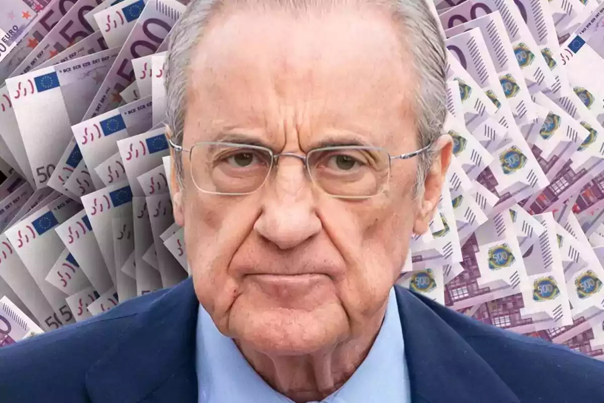 Hombre mayor con gafas y expresión seria frente a un fondo de billetes de 500 euros