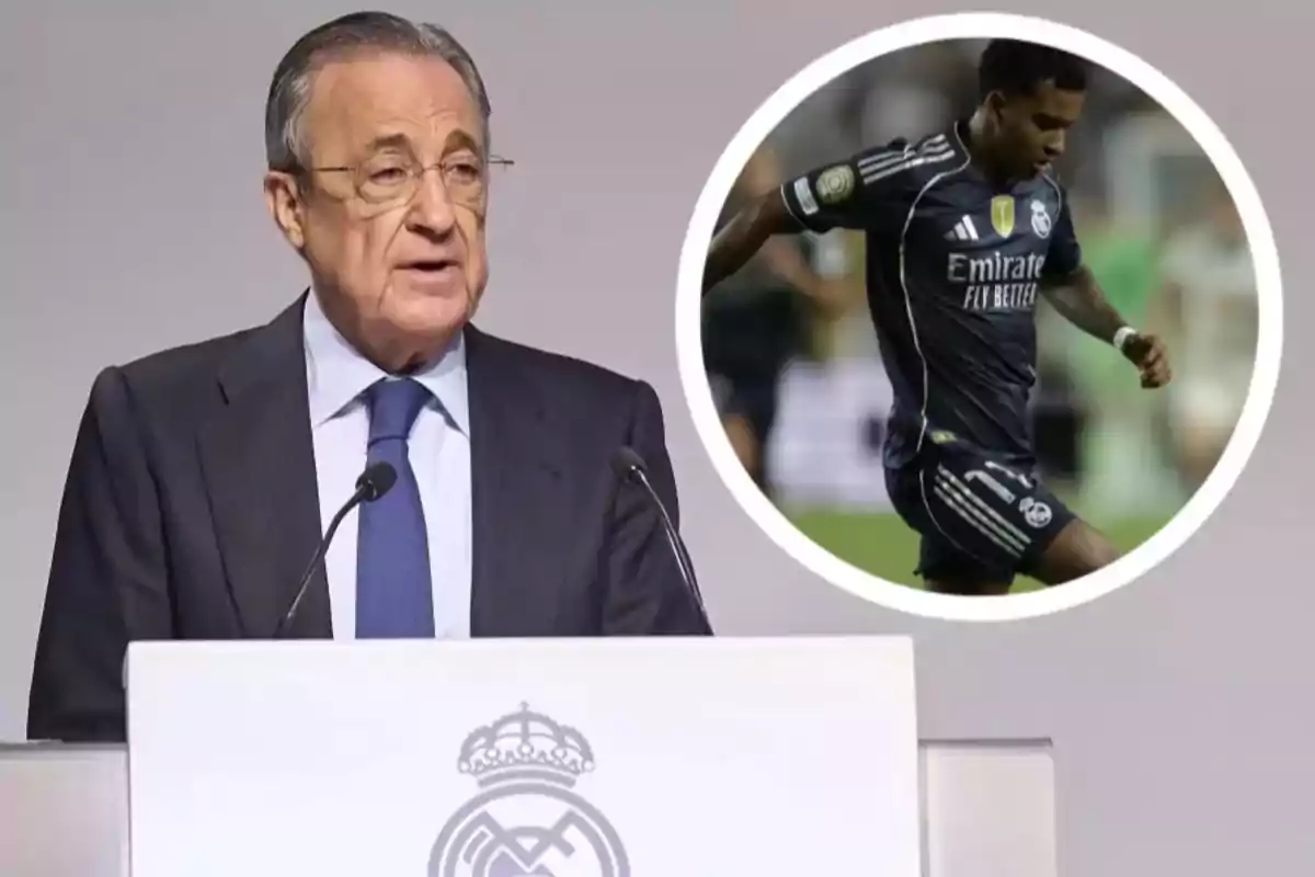 Un hombre de traje habla en un podio con el escudo del Real Madrid mientras en un círculo aparece un futbolista del mismo equipo en acción.