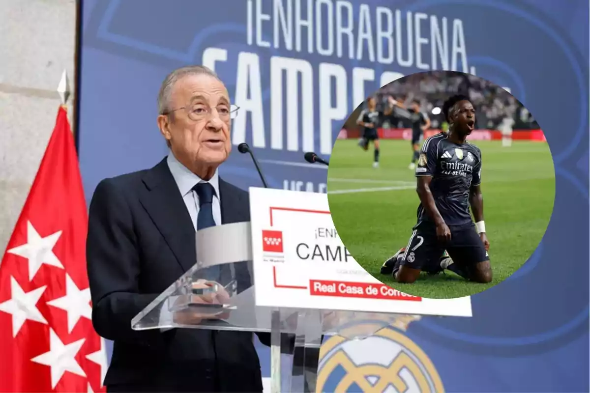 Un hombre de traje habla en un podio con un cartel de felicitación al fondo y una bandera roja a un lado mientras en un círculo se muestra a un futbolista celebrando de rodillas en el campo
