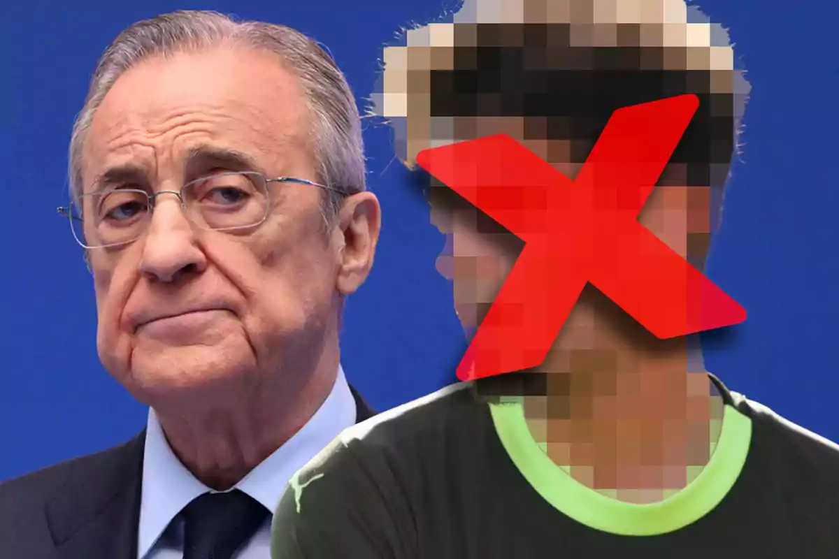 Older man with a serious expression next to a pixelated person with a large red X over their face