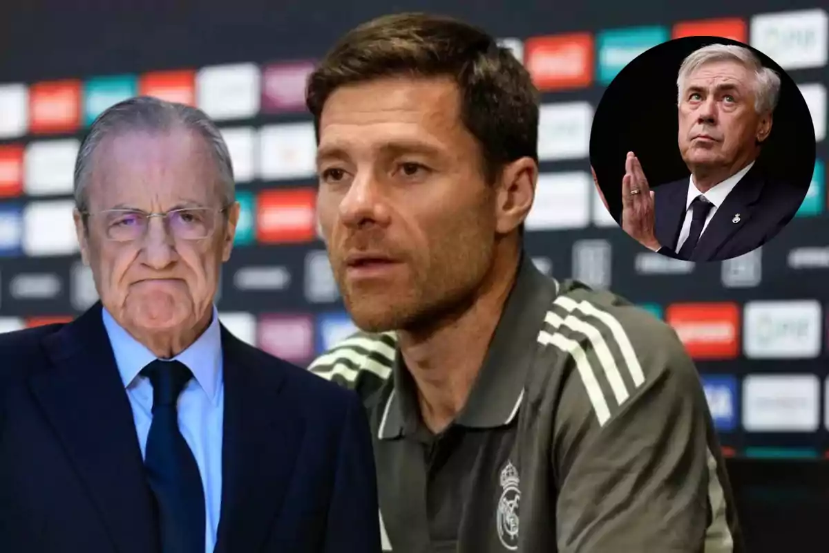 Tres hombres relacionados con el Real Madrid aparecen en un montaje digital con fondo de conferencia de prensa, uno de ellos en primer plano con ropa deportiva, otro con traje y gesto serio, y el tercero en un círculo en la esquina superior derecha.