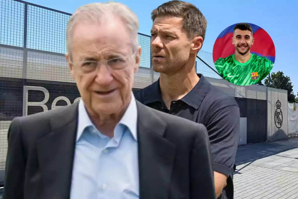 An older man with glasses and a suit is in the foreground, behind him there is another man with short hair wearing a dark jersey, and in the background appears the image of a goalkeeper in a green uniform with the Barcelona crest against a colorful backdrop, all of this in front of a Real Madrid sports facility.