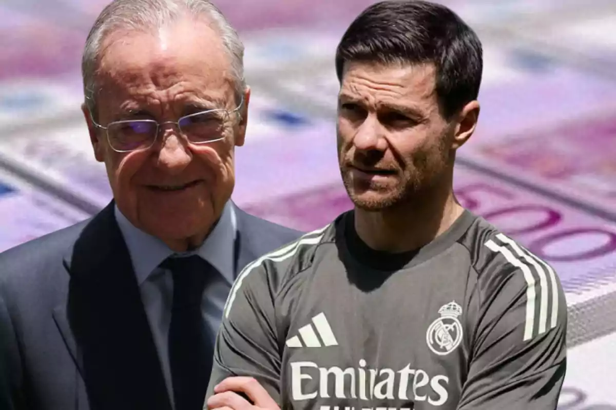 Two men, one in a suit and the other in Real Madrid sportswear, pose in front of a background of blurred banknotes.