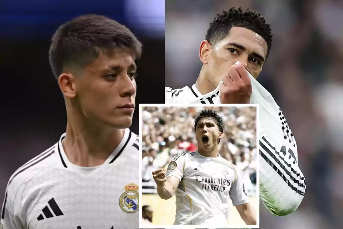 Tres futbolistas del Real Madrid con uniforme blanco en diferentes momentos del partido, uno de ellos celebrando efusivamente