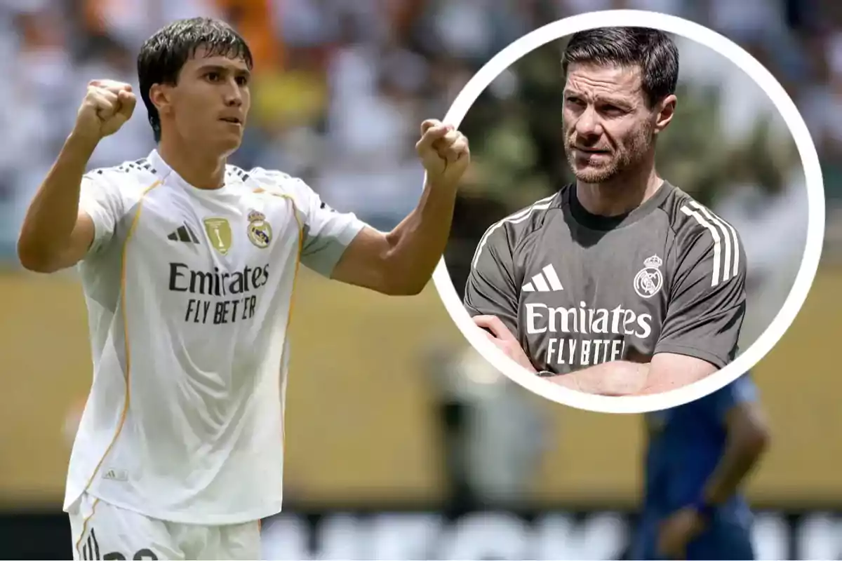 Futbolista del Real Madrid celebrando con los puños en alto y un entrenador del mismo equipo aparece en un círculo superpuesto