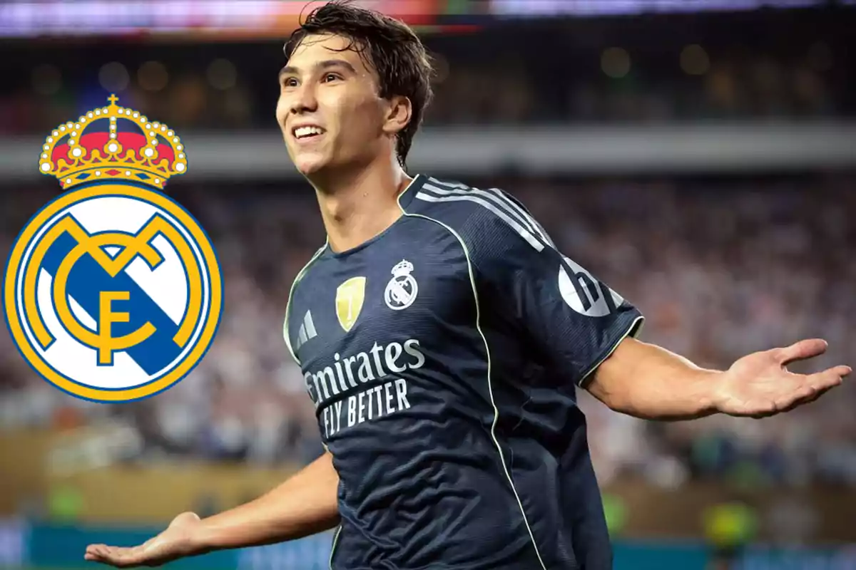 Real Madrid player celebrating a goal with the club’s logo on the left