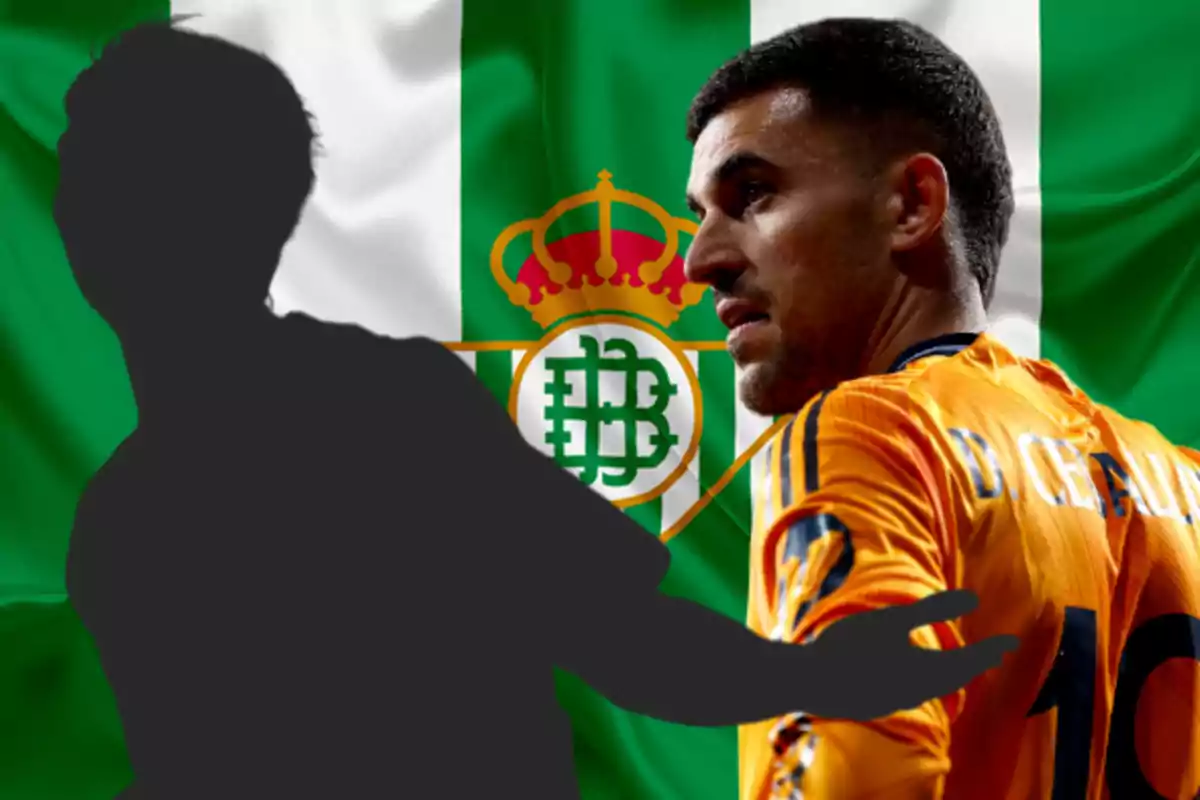 Soccer player wearing an orange jersey and black silhouette in front of a green and white flag with a central crest