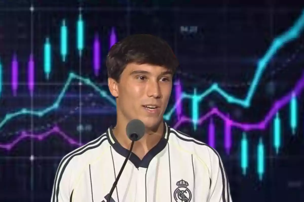 Young man wearing a Real Madrid jersey speaking into a microphone with financial charts in the background