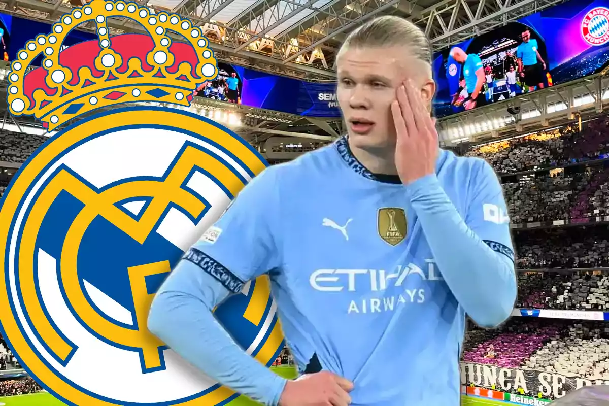 Manchester City footballer with a thoughtful expression in a stadium with the Real Madrid crest in the background