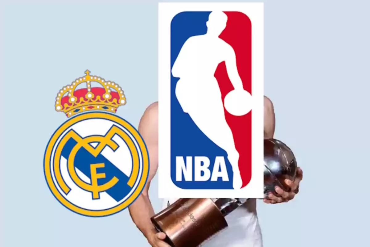 Edited Real Madrid and NBA logos over the image of a person holding a trophy