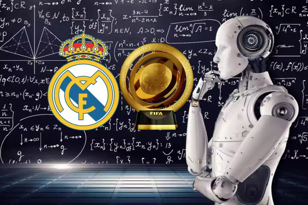 Un robot humanoide observa el logo del Real Madrid y un trofeo dorado de la FIFA frente a un fondo de fórmulas matemáticas en una pizarra.