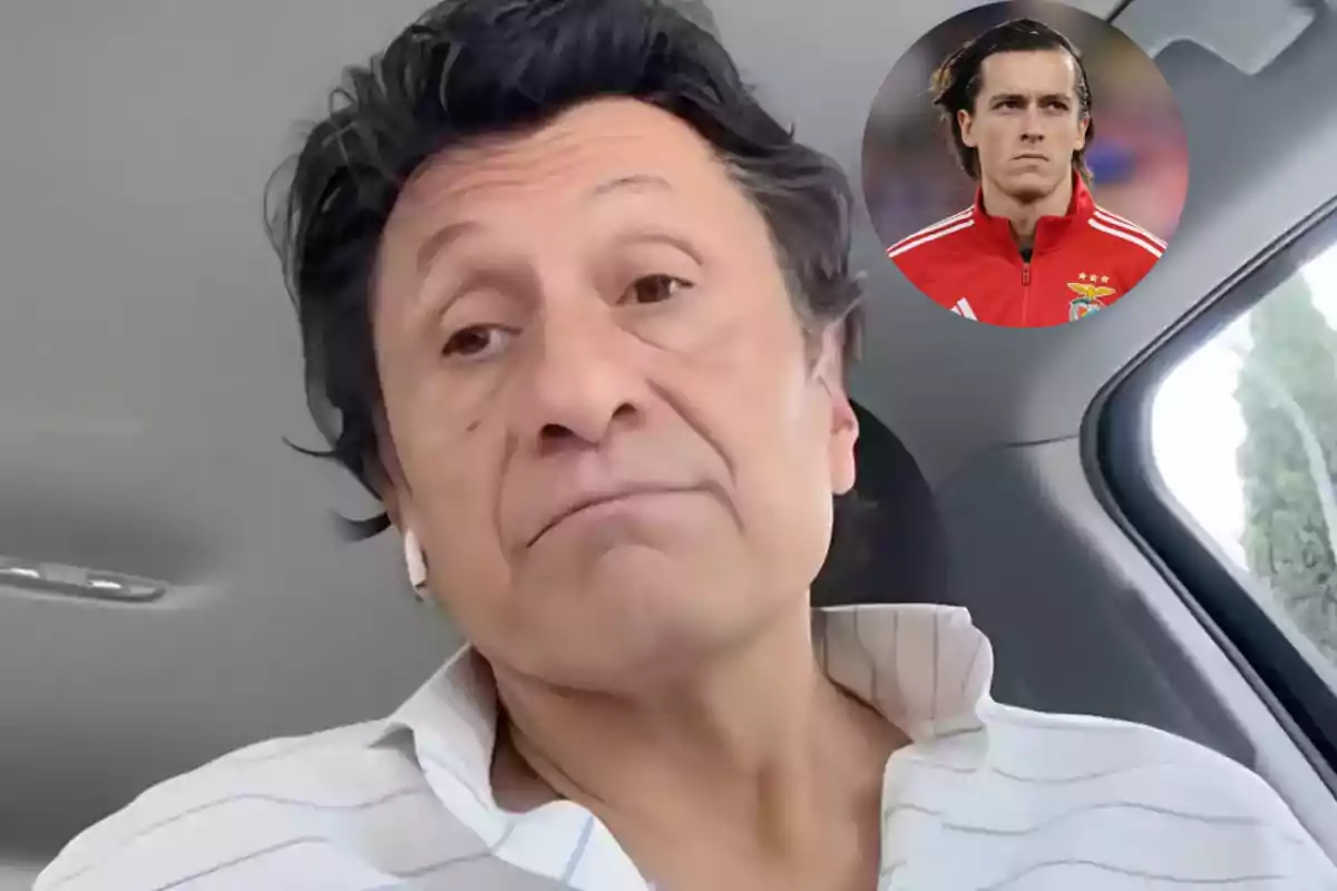 Dark-haired man sitting inside a car with white headphones and a serious expression on his face; in the upper right corner, there is a circular frame showing the image of a player wearing a red jacket.