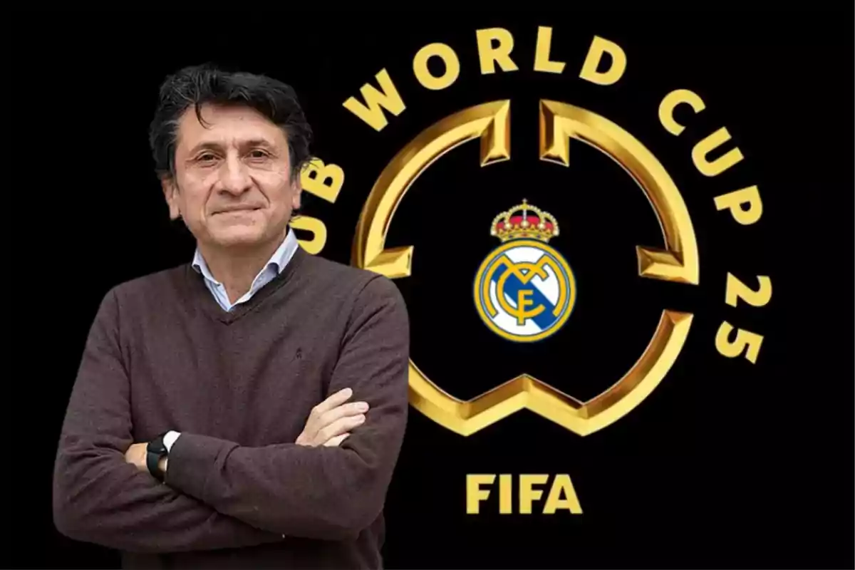 Dark-haired man wearing a brown sweater with his arms crossed in front of a golden FIFA Club World Cup 2025 logo featuring the Real Madrid crest at the center