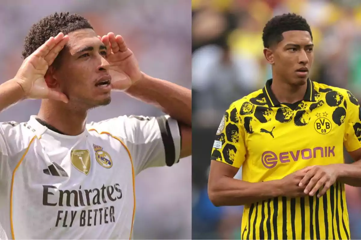 Un futbolista con el uniforme del Real Madrid celebrando y el mismo jugador con el uniforme del Borussia Dortmund durante un partido Un futbolista con el uniforme del Real Madrid celebrando y el mismo jugador con el uniforme del Borussia Dortmund durante un partido