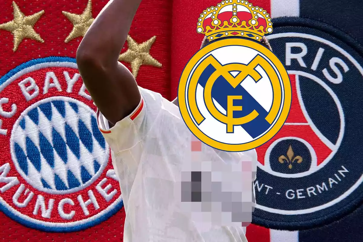 Un jugador de fútbol con el escudo del Real Madrid cubriendo su rostro y los logos de Bayern Múnich y PSG de fondo