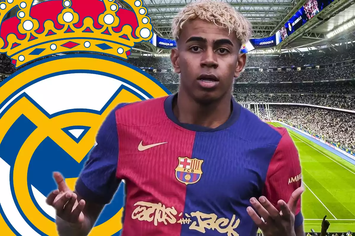 Player wearing a Barcelona jersey in a soccer stadium with the Real Madrid crest in the background